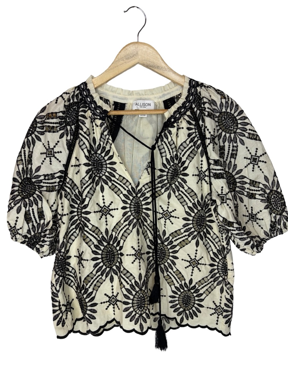 Allison New York Ivory Peasant Blouse with Black Embroidery small